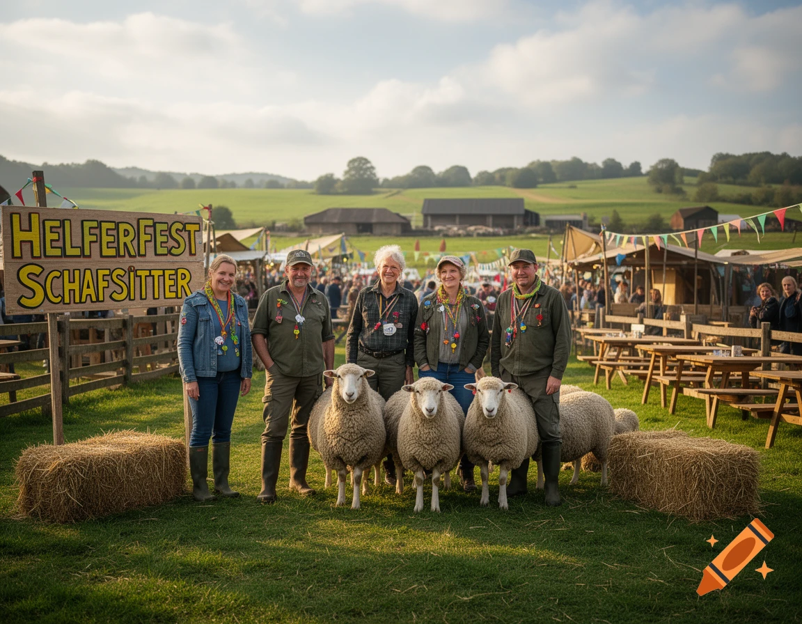 Photorealistic outdoor scene with five people and three sheep standing in a grassy field next to a wooden sign reading 'HELFERFEST SCHAFSITTER'.