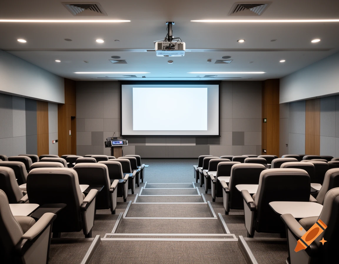 Photorealistic seminar lecture room with tiered rows of seats and a projector screen.