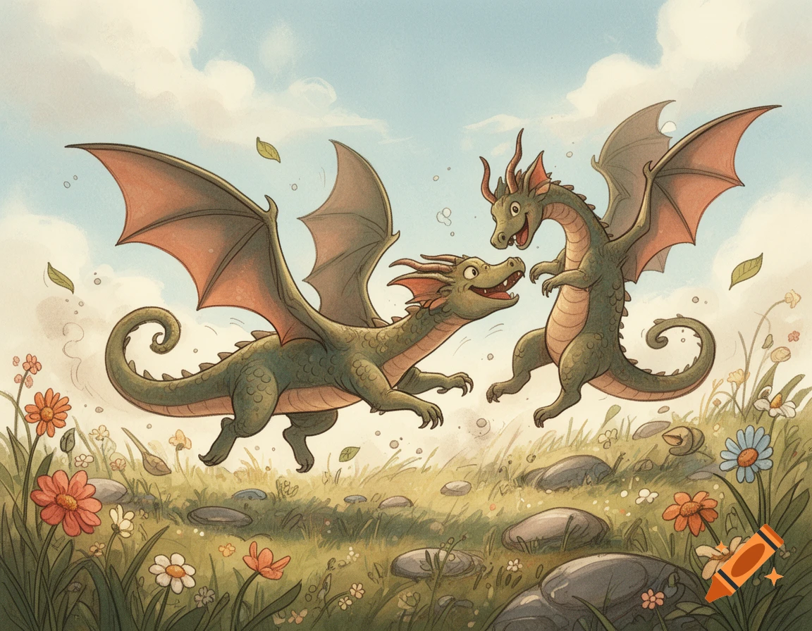 Illustration of two playful green dragons interacting in a grassy meadow with wildflowers and rocks, in a children's book style.
