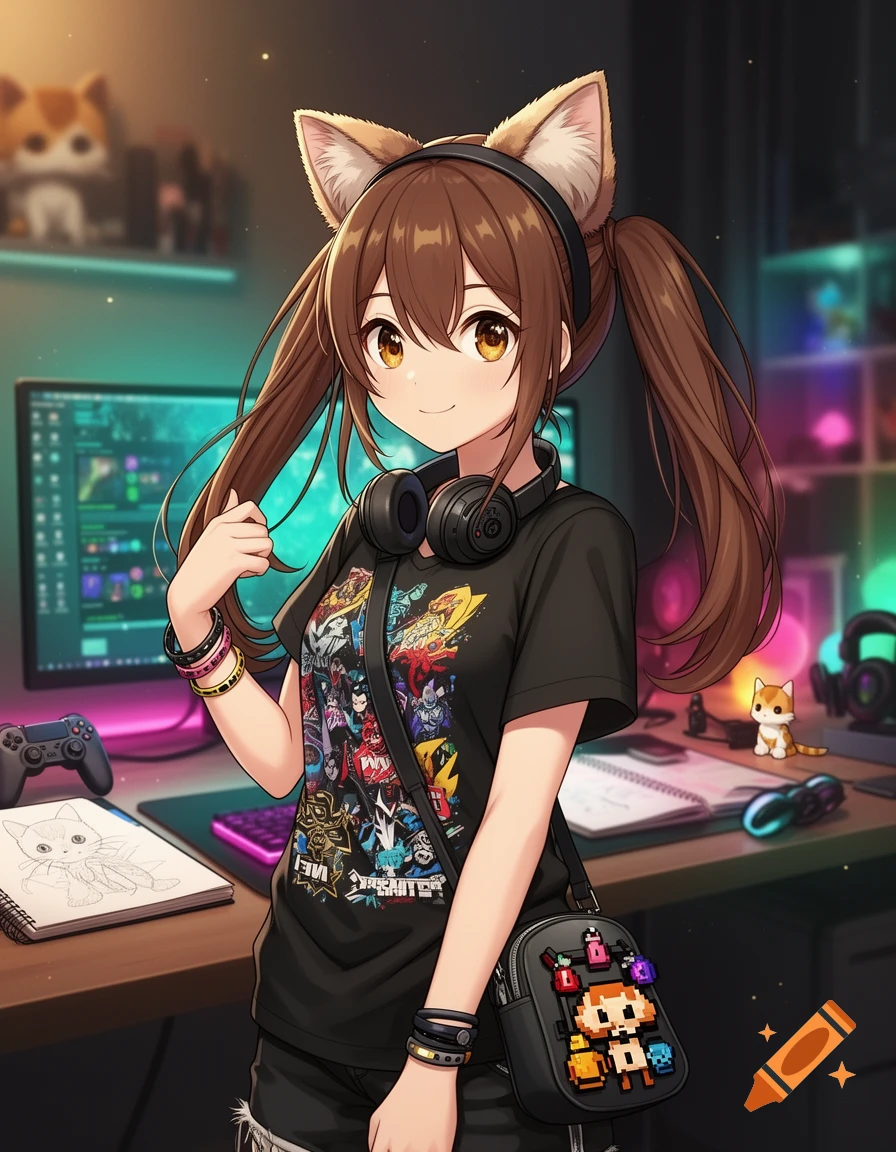 Anime-style girl with brown twin-tails and cat ears wearing casual streetwear in a gaming room.