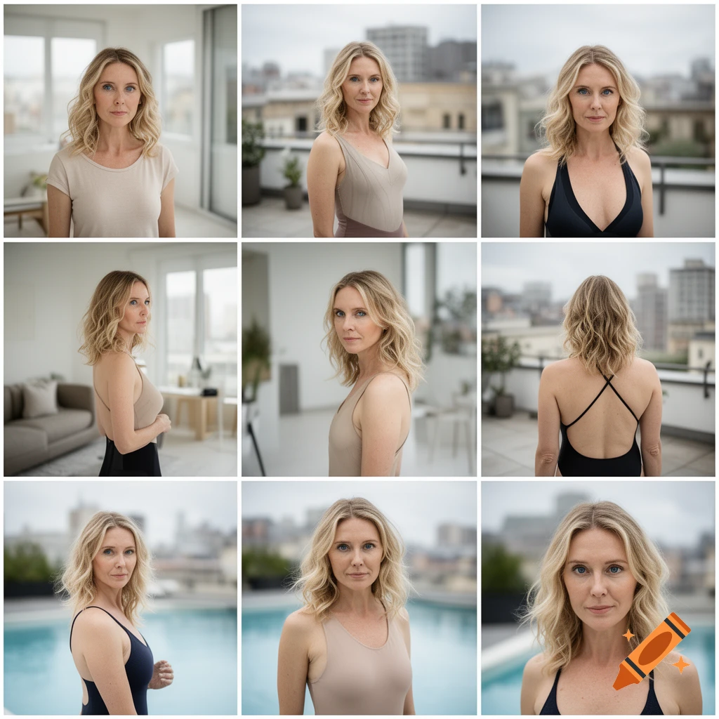 A collage of photorealistic portraits and angles of a 35-year-old blonde woman in casual clothing and a swimsuit.