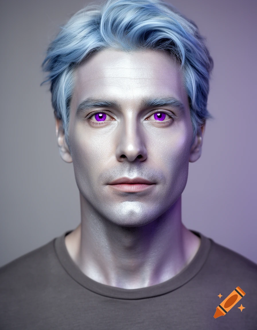 Photorealistic portrait of a man with iridescent pearl-like skin, purple eyes, and light blue hair, wearing a dark grey t-shirt.