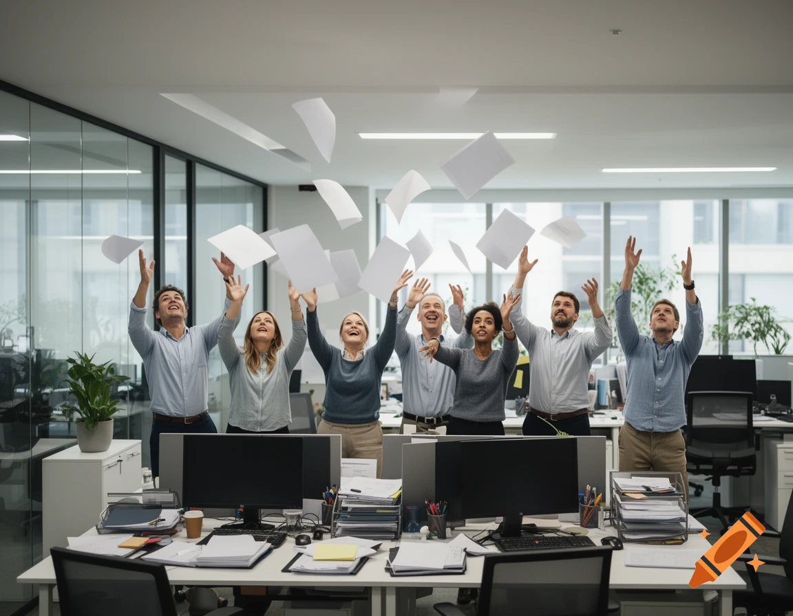 Photorealistic image of office workers smiling and throwing papers in the air.