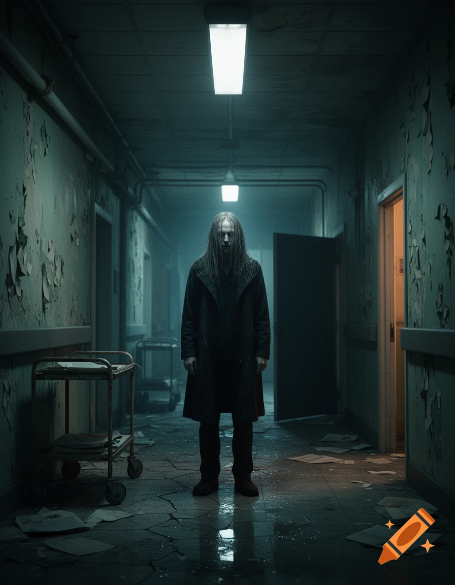 Photorealistic scene of a creepy figure standing in a dark, decaying hospital hallway with debris on the floor.