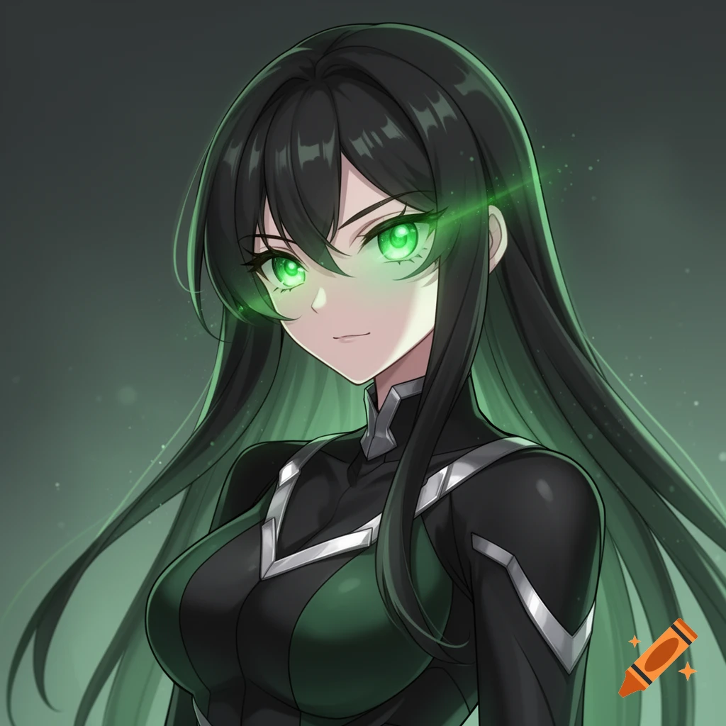 Anime illustration of a woman with long black hair, glowing green eyes, and a black and green sci-fi suit.