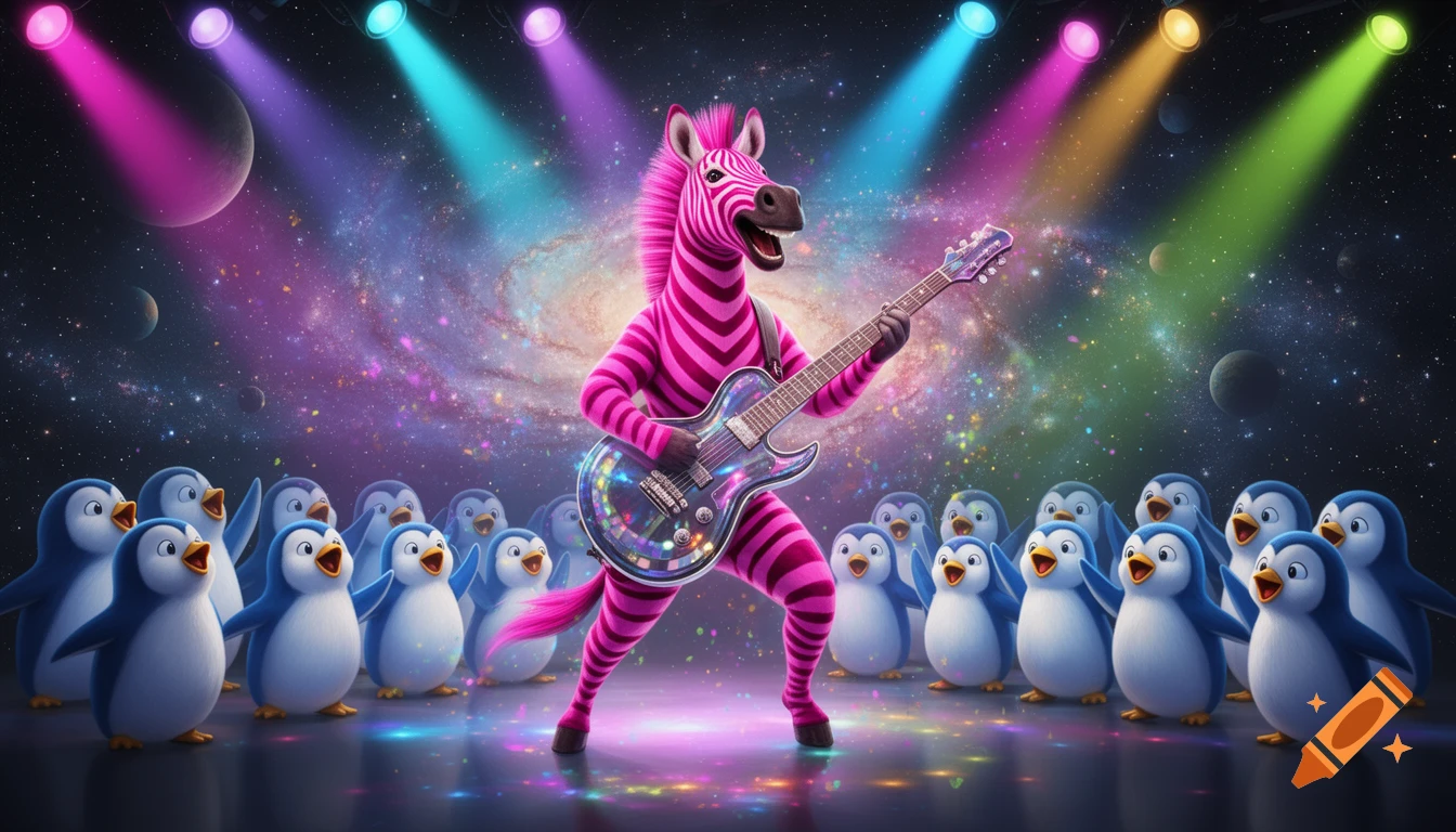 Digital art illustration of a vibrant pink zebra playing an electric guitar on a space stage surrounded by singing blue penguins.