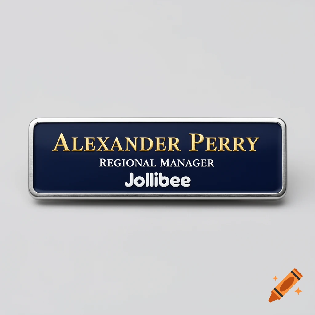 An executive style blue and silver name tag reading Alexander Perry Regional Manager Jollibee on a grey background.