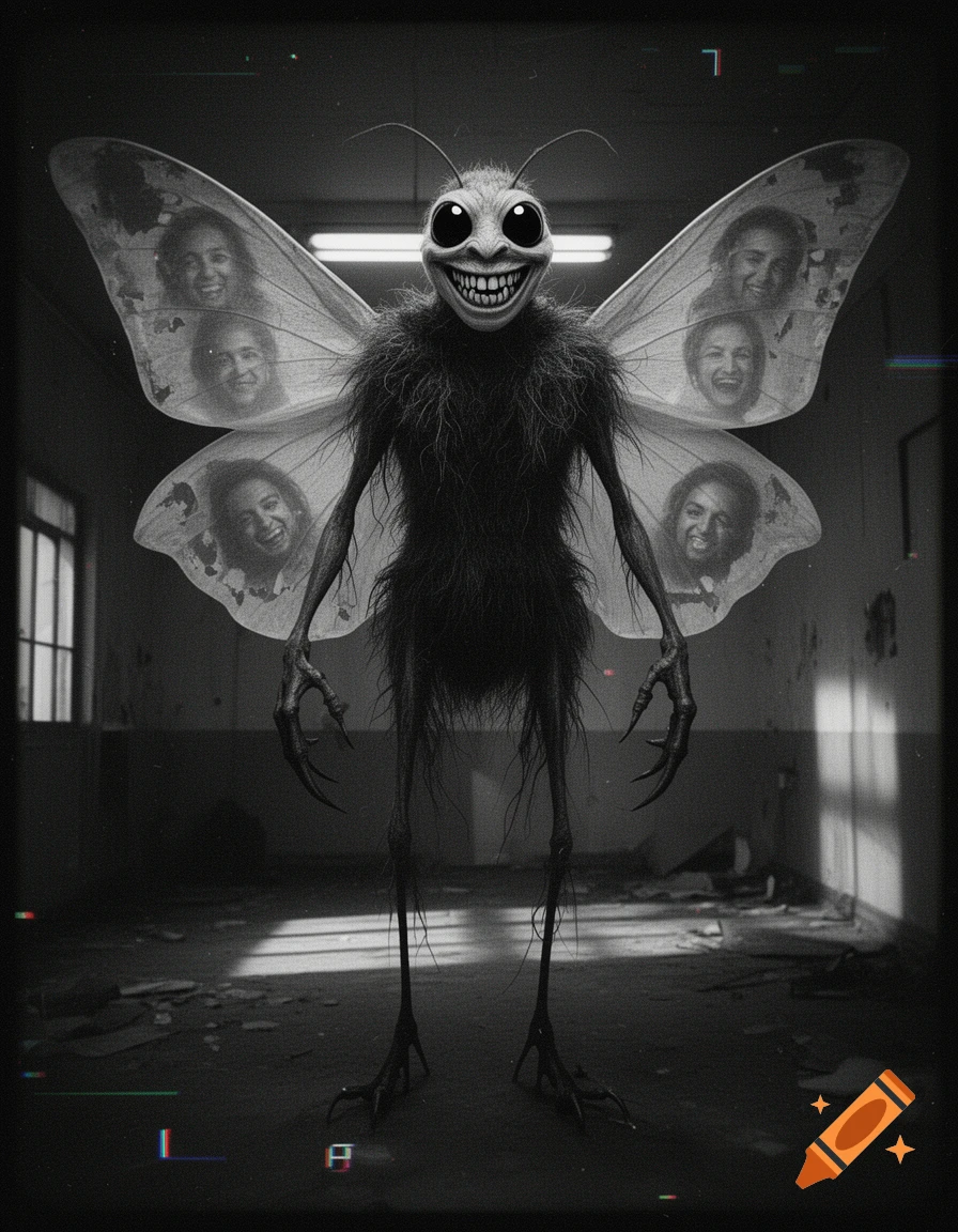 Black and white analog horror photo of a 7-foot-tall humanoid moth creature with a creepy human-like smiling face and faces on its wings inside a derelict room.