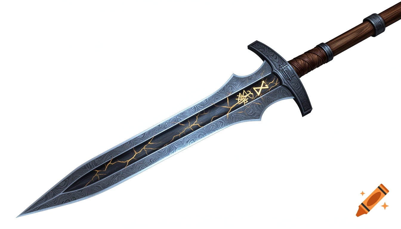 A close-up digital painting of a fantasy polearm with a damascus steel blade and glowing runes on a white background.
