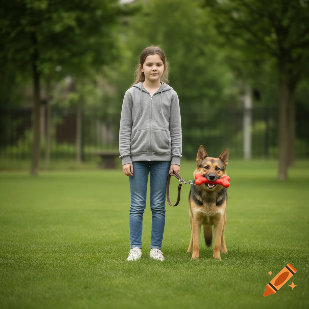 Photorealistic image of a young girl standing on a grassy lawn, holding a leash attached to a German Shepherd holding a red toy bone.