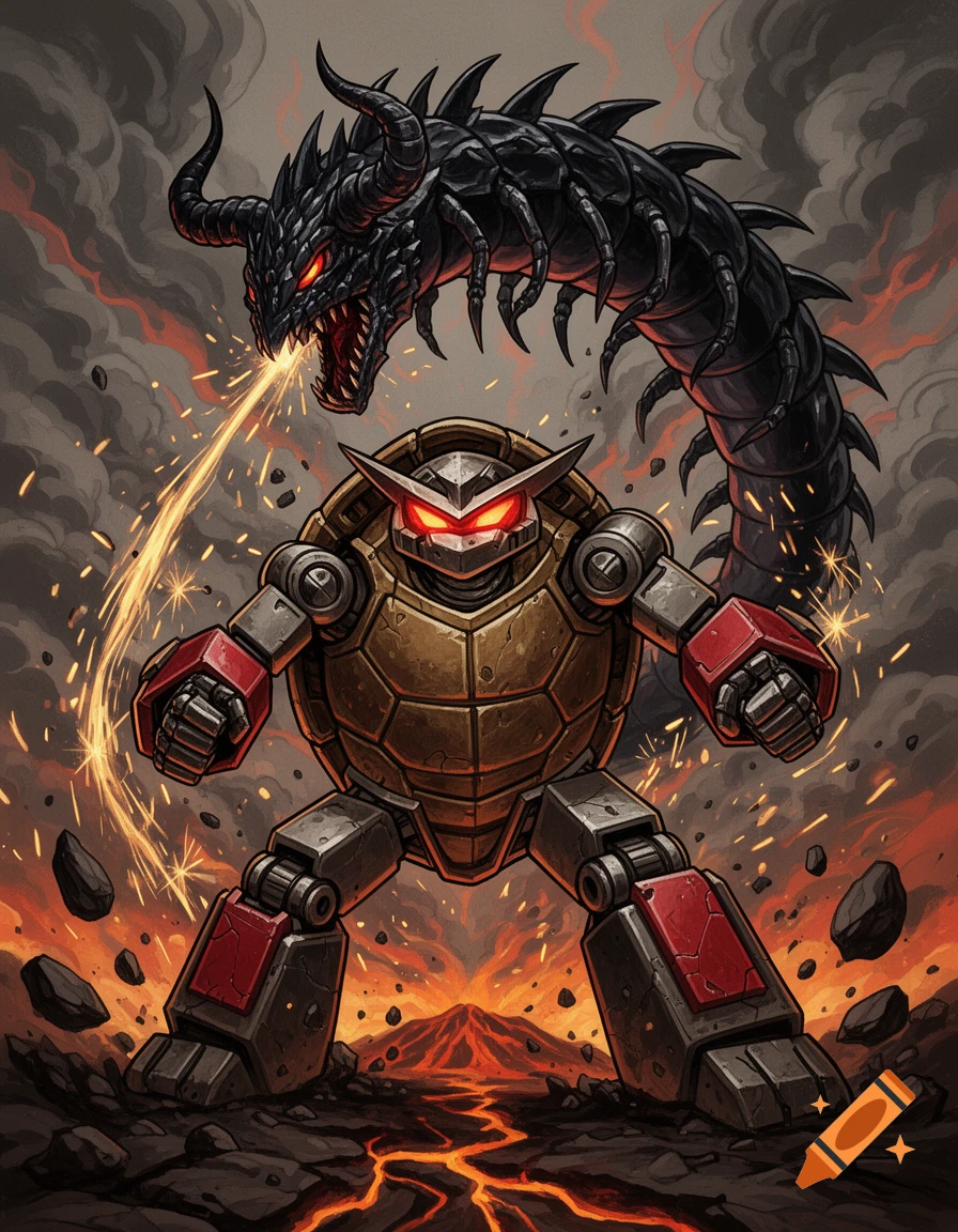 Retro style robot turtle fighting a black demon centipede monster amidst smoke and lava, digital illustration.