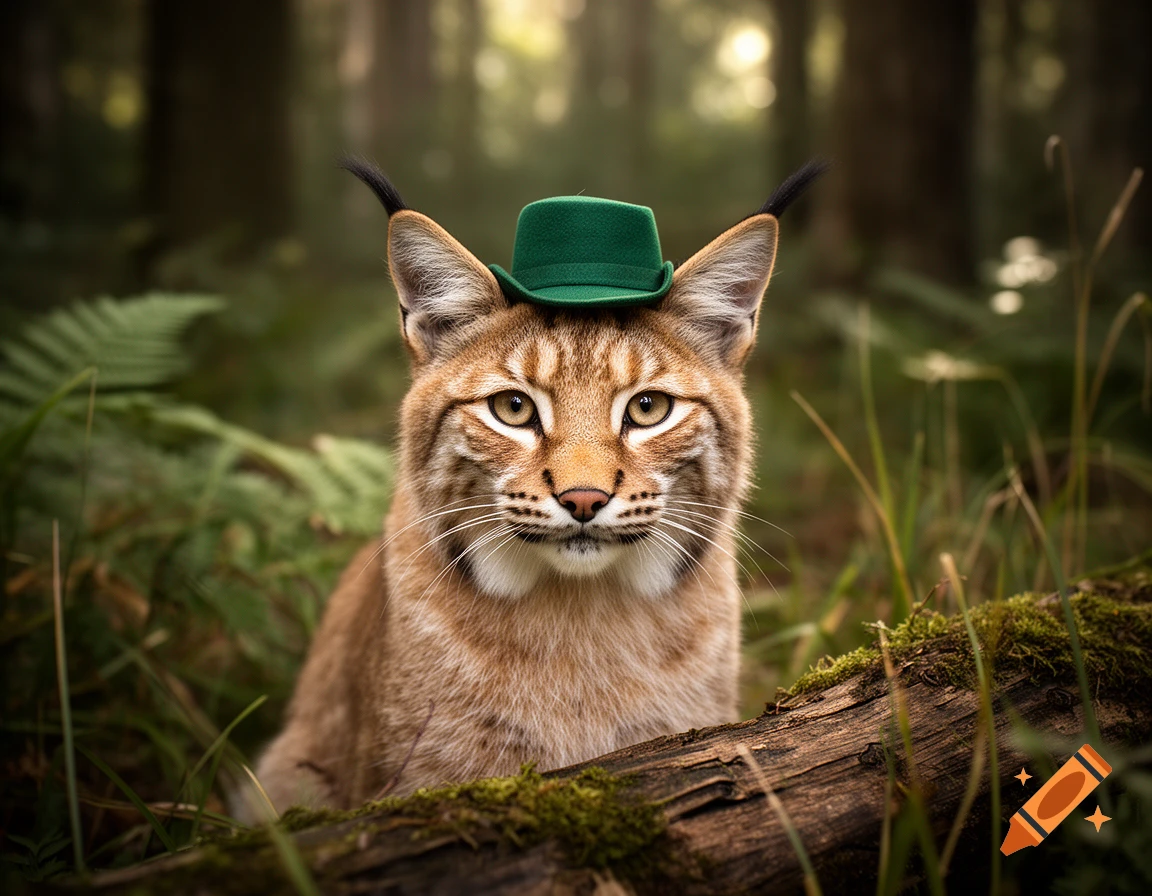 Photorealistic image of a cute lynx wearing a small green top hat, sitting in a forest behind a mossy log.
