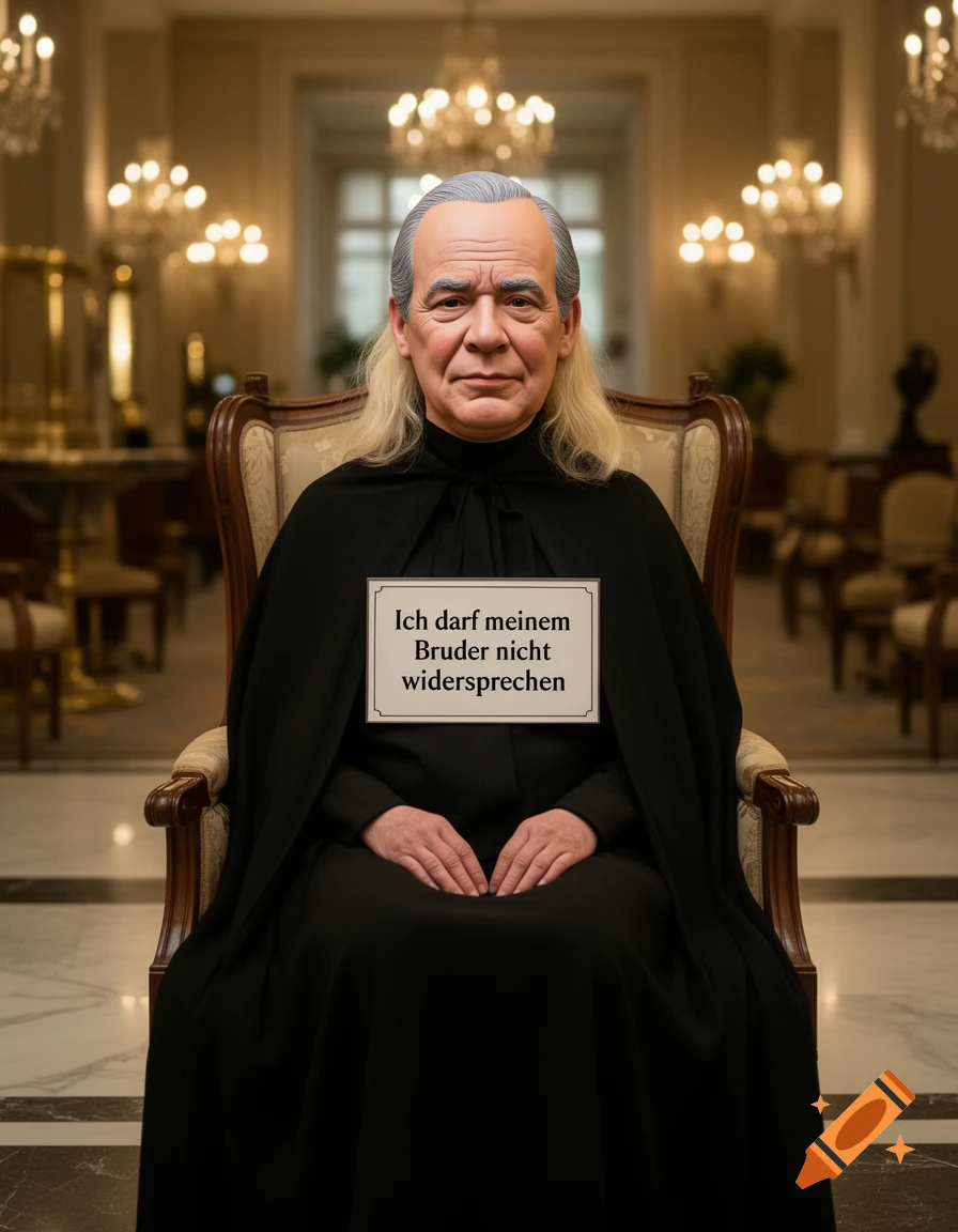 Photorealistic portrait of a person wearing a Helmut Kohl latex mask and a black cape, sitting in an elegant hotel lobby, holding a sign in German.