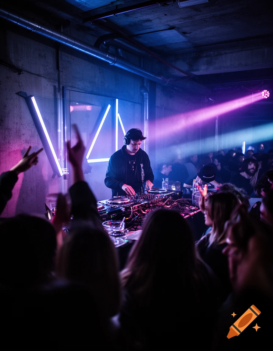 A DJ performing in a crowded nightclub with vibrant blue and pink stage lights.