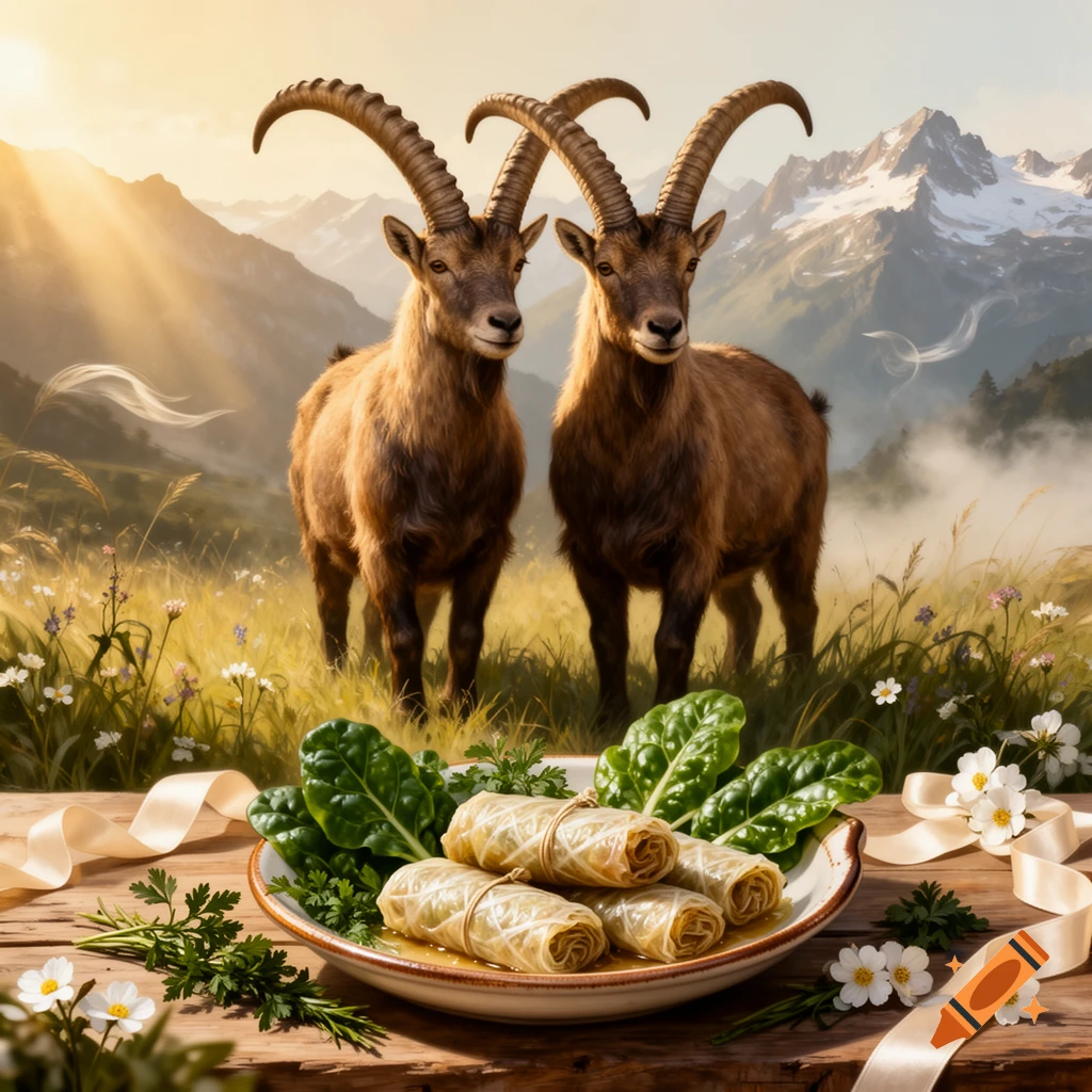 Photorealistic image of two alpine ibexes in a mountain meadow behind a wooden table with a plate of capuns.