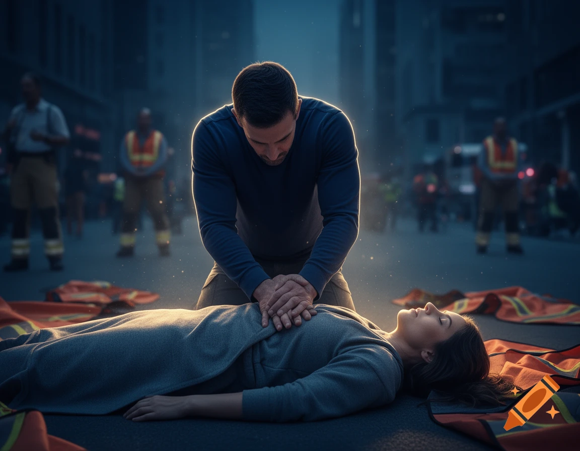 Photorealistic scene of a man performing CPR on a woman lying on a city street at night, surrounded by emergency workers.