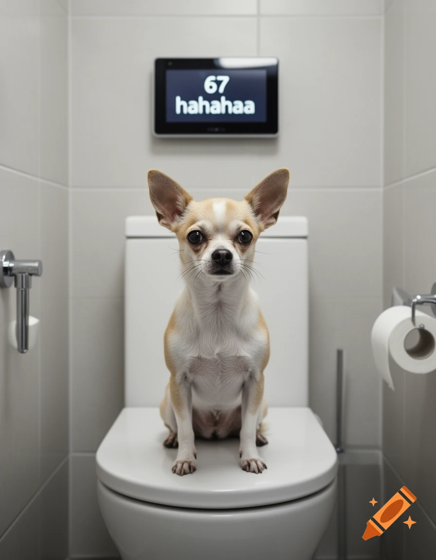 Photorealistic image of a small chihuahua sitting on a white toilet with a screen behind it displaying '67 hahahaa'.