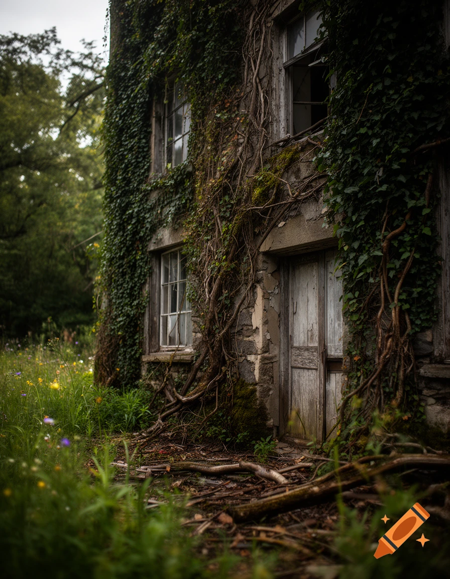 An overgrown, abandoned stone building covered in thick ivy and tangled vines, featuring weathered windows and a wooden door.