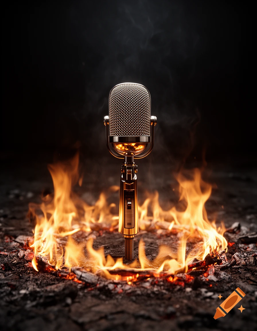 Photorealistic image of a vintage microphone standing upright inside a burning circle of fire on a dark, smoky background.
