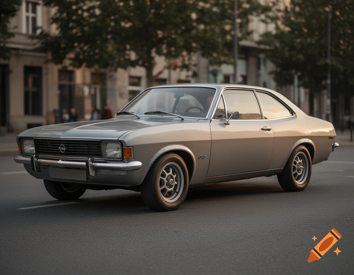 Photorealistic 1975 Opel Rekord Coupe parked on a city street during golden hour.