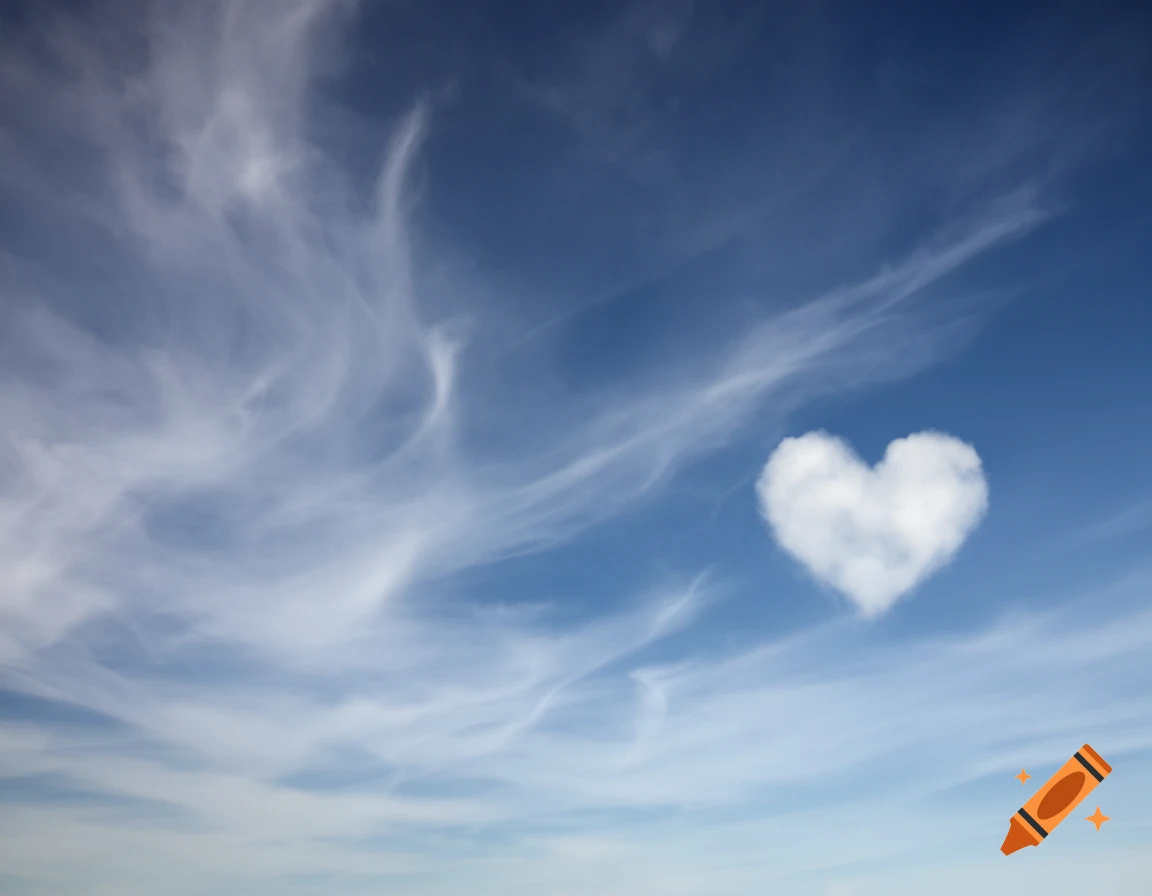 Blue sky filled with wispy cirrus clouds and a single heart-shaped cloud.