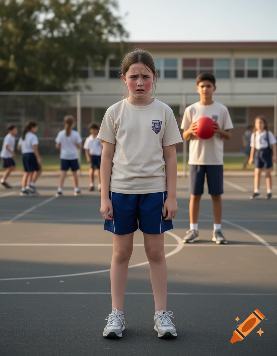 A young girl looking upset standing on a school playground with other children playing in the background, photorealistic.
