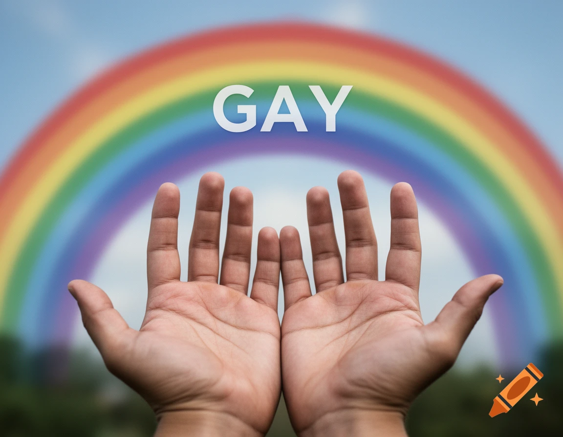 Open hands held up against a backdrop of a clear sky with a large rainbow and the word GAY.
