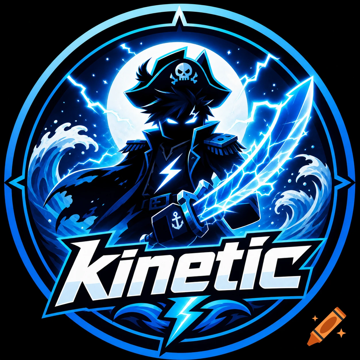 A stylized blue and black circular gaming logo featuring a pirate anime character with glowing eyes, holding a glowing sword, with the text 'Kinetic' below.