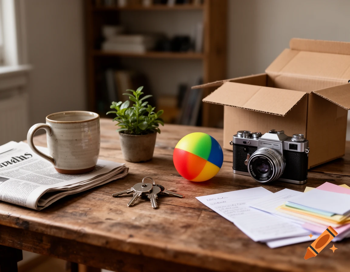Photorealistic tabletop scene with a coffee mug, newspaper, keys, a small plant, a colorful ball, a vintage camera, and a cardboard box.