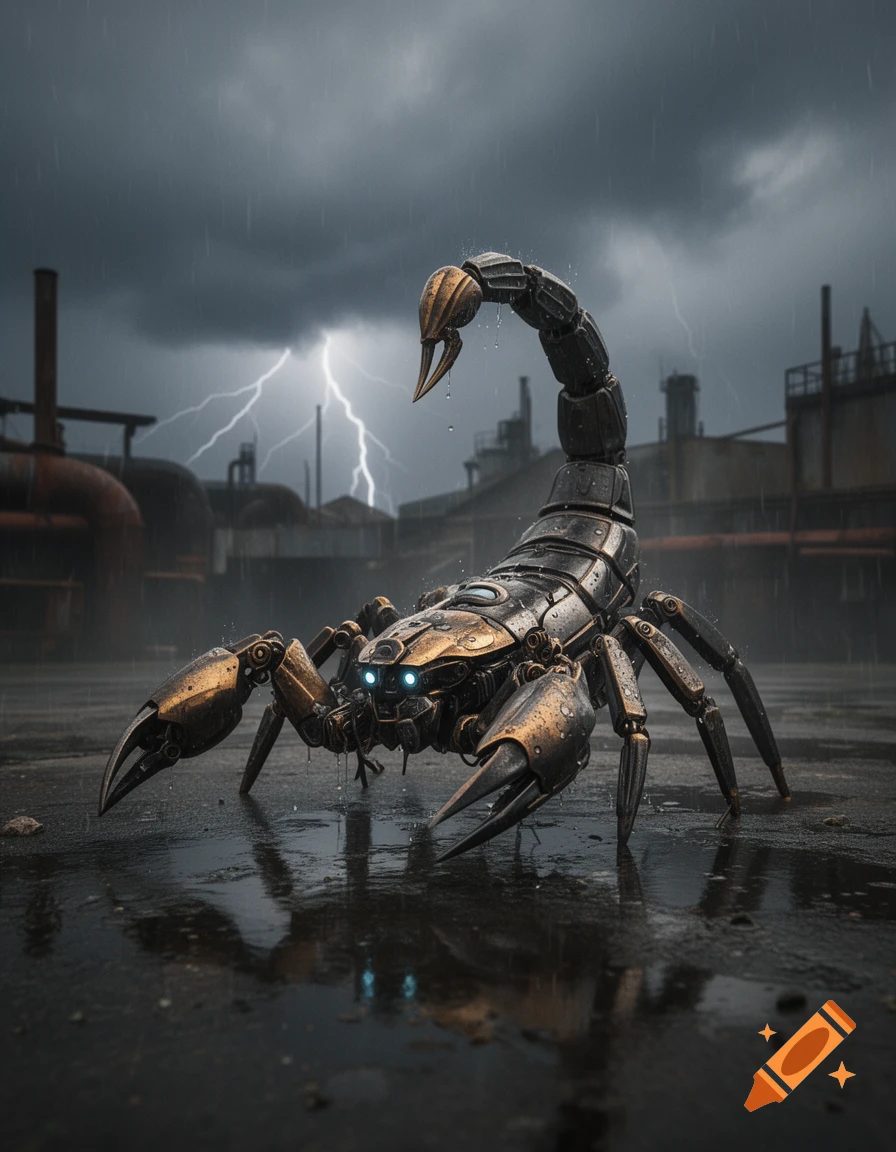 Photorealistic mechanical scorpion with glowing blue eyes in an industrial setting during a thunderstorm.