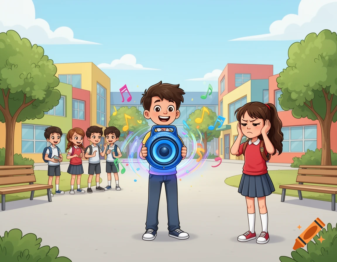 Cartoon illustration of a boy holding a blue bluetooth speaker in a schoolyard, with a girl covering her ears and other students watching.