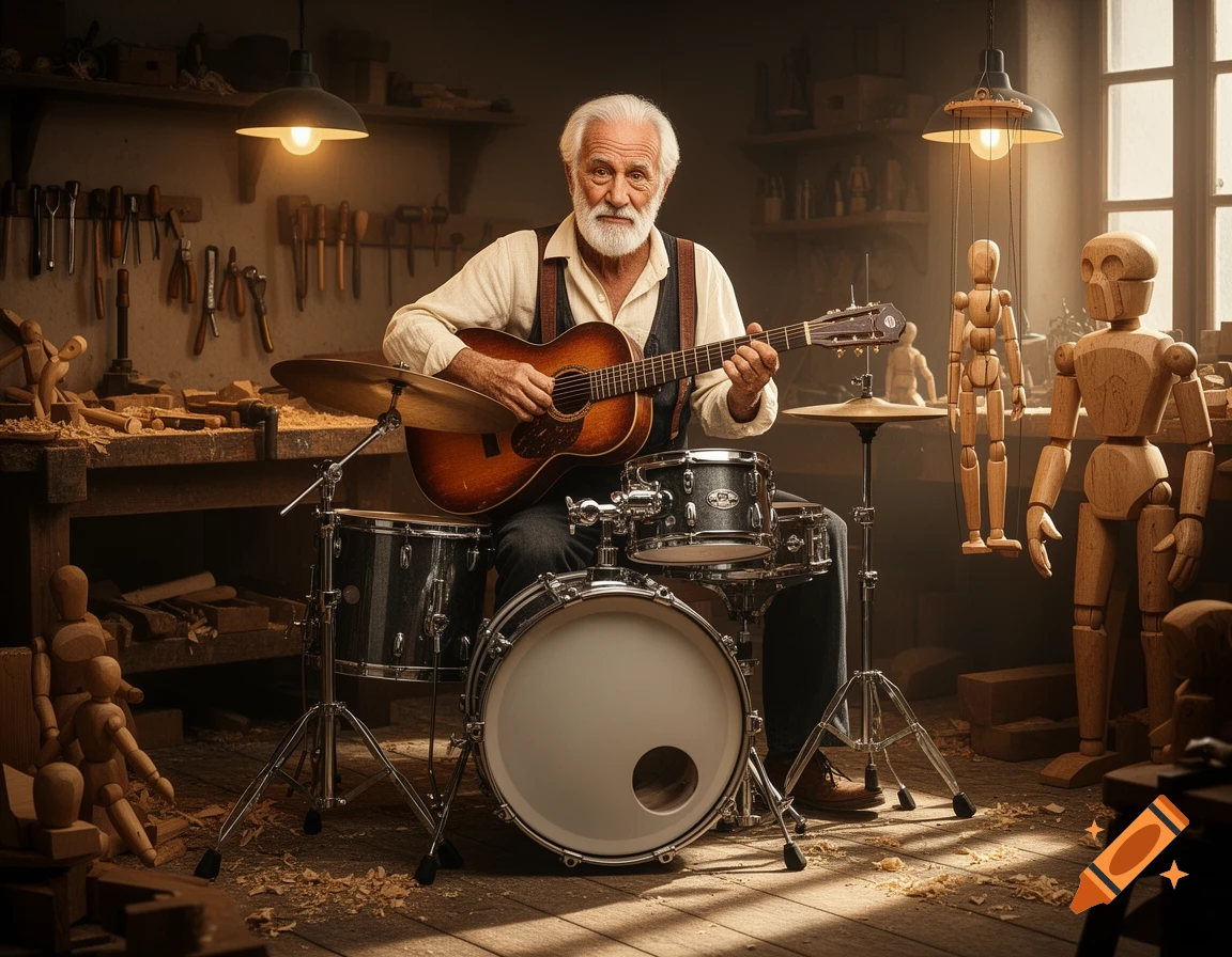 Photorealistic image of Gepetto with white beard playing an acoustic guitar and a drum set in a woodworking workshop surrounded by wooden mannequins.