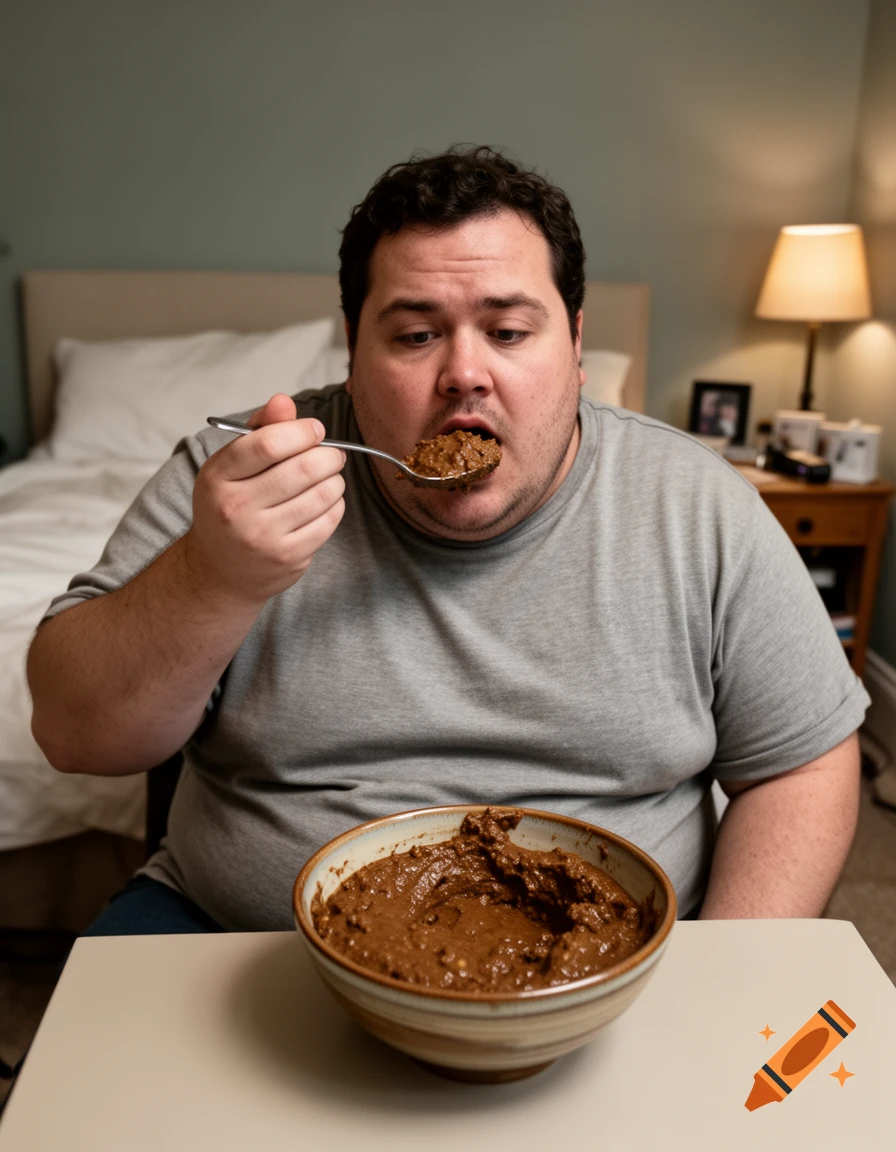 Photorealistic portrait of a man sitting at a table in his bedroom, eating brown paste from a bowl with a spoon.