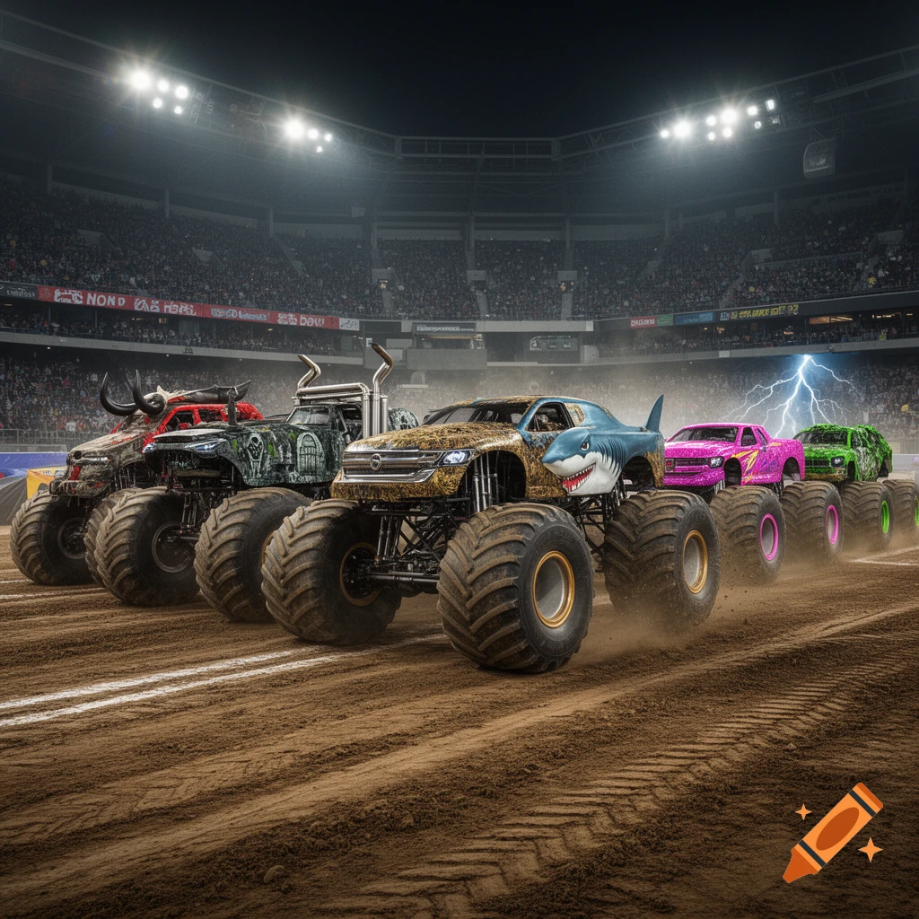 A line of colorful monster trucks parked inside a large, illuminated stadium with a cheering crowd in the background.