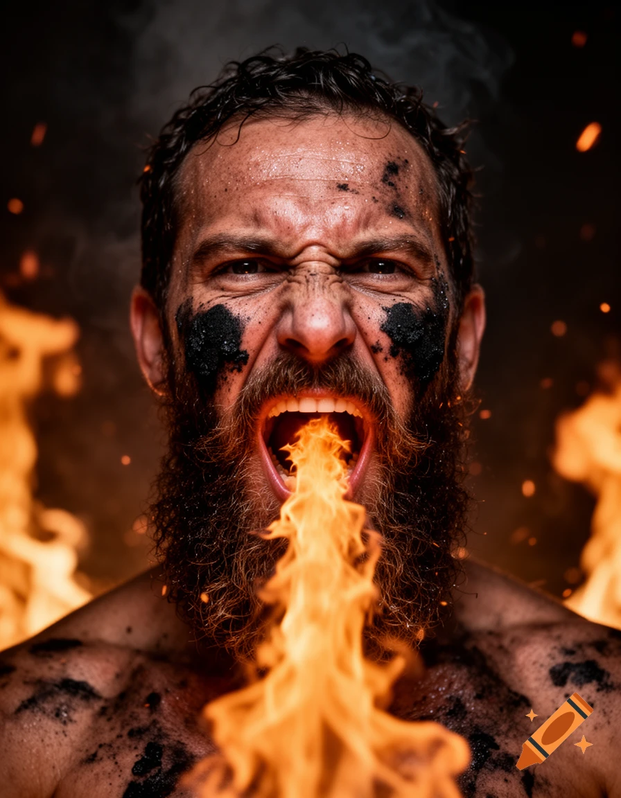 Photorealistic portrait of a bearded man with soot on his face, roaring with fire coming out of his open mouth.