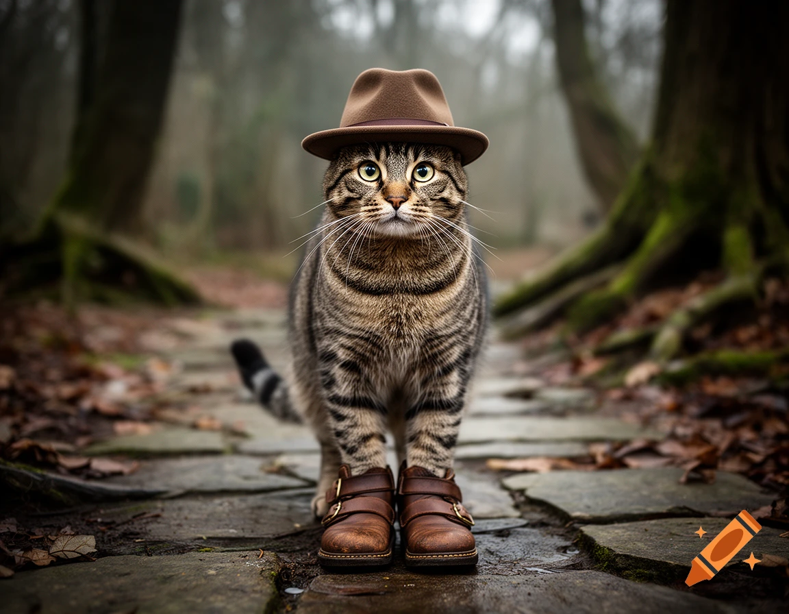 A photorealistic tabby cat wearing a brown fedora and leather boots, standing on a stone path in a misty forest.