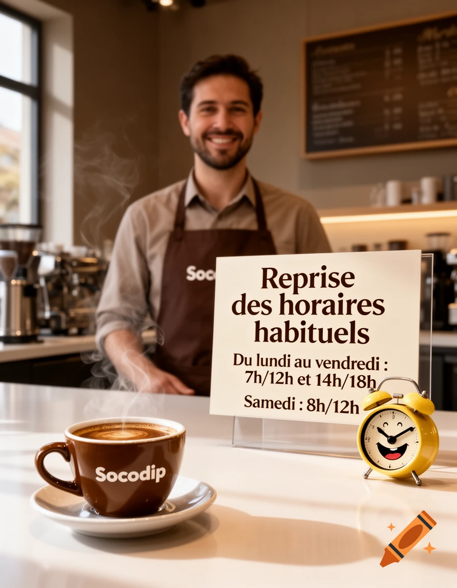 A barista smiling behind a counter next to a coffee cup and a sign detailing store hours, in a modern café.