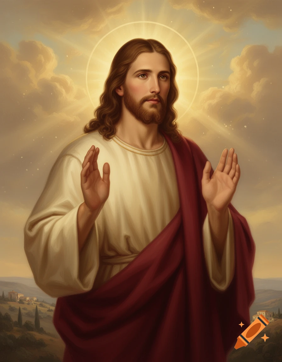 Digital painting of Jesus with long brown hair, a beard, halo, white robe, and red sash, holding hands up in blessing.