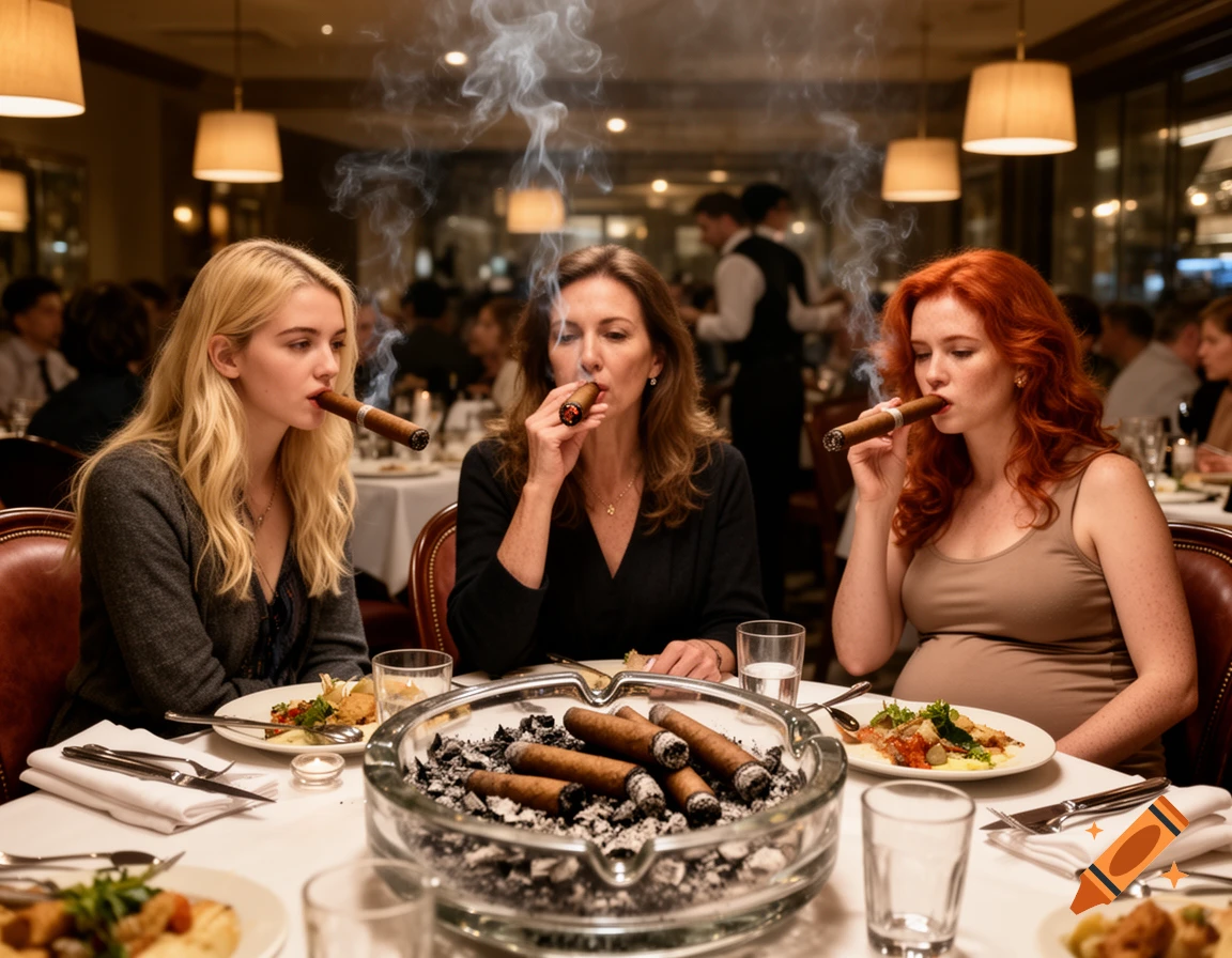 Photorealistic image of a mother and her two daughters smoking large cigars at a crowded restaurant table with a full ashtray.