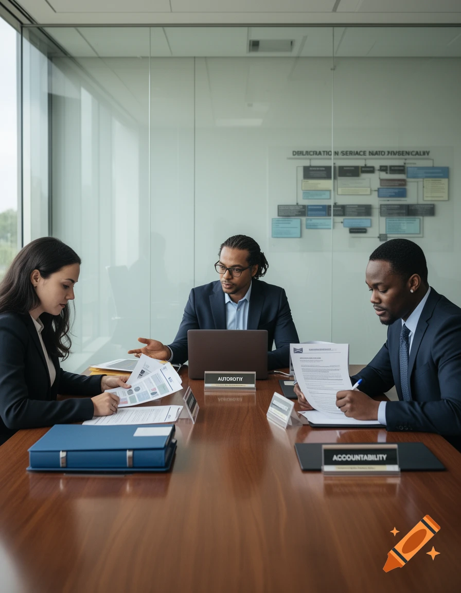 Photorealistic image of three professionals in a boardroom discussing documents across a wooden conference table.