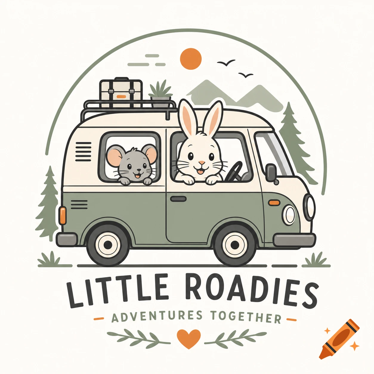 Vector logo illustration of a rabbit and a mouse inside a camping van with mountains and trees in the background.
