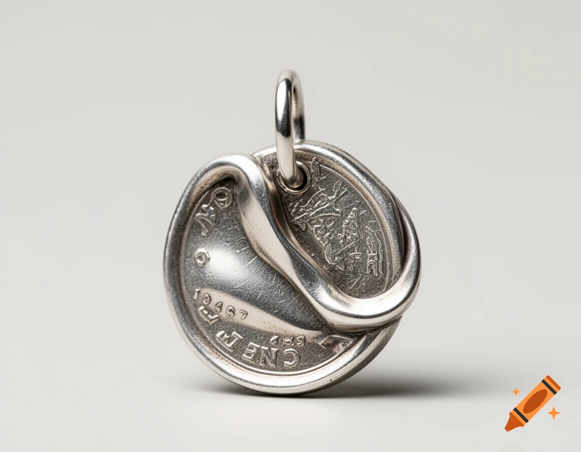 Photorealistic silver pendant crafted from a twisted, deformed coin with a suspension loop on a light grey background.