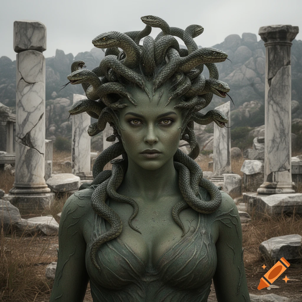 Photorealistic portrait of Gorgon Medusa with green skin, snakes for hair, and stone columns in the background.