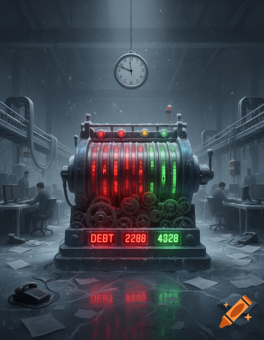 A large ticking counter displaying debt in a snowy, abandoned office factory floor.