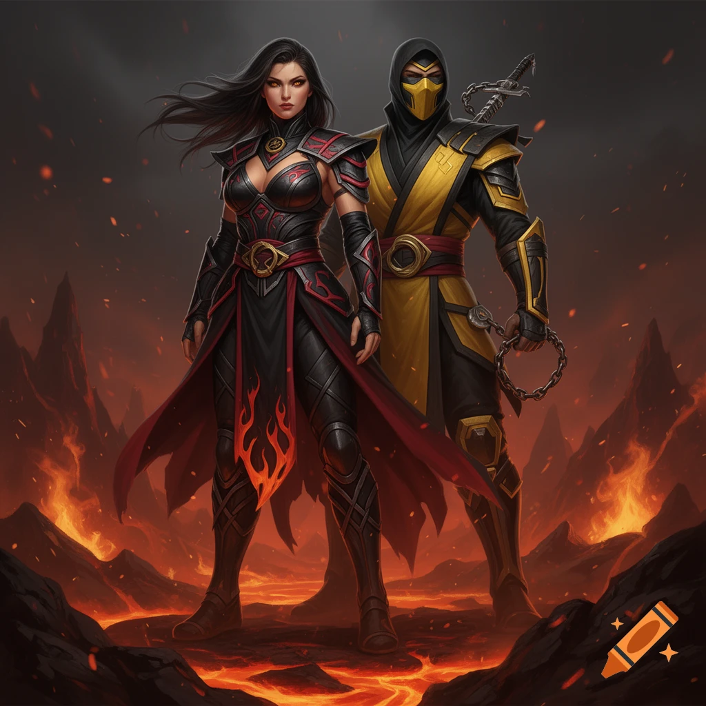 Digital illustration of a fierce dark-haired female warrior in red and black armor standing alongside Scorpion from Mortal Kombat in a volcanic netherrealm setting.