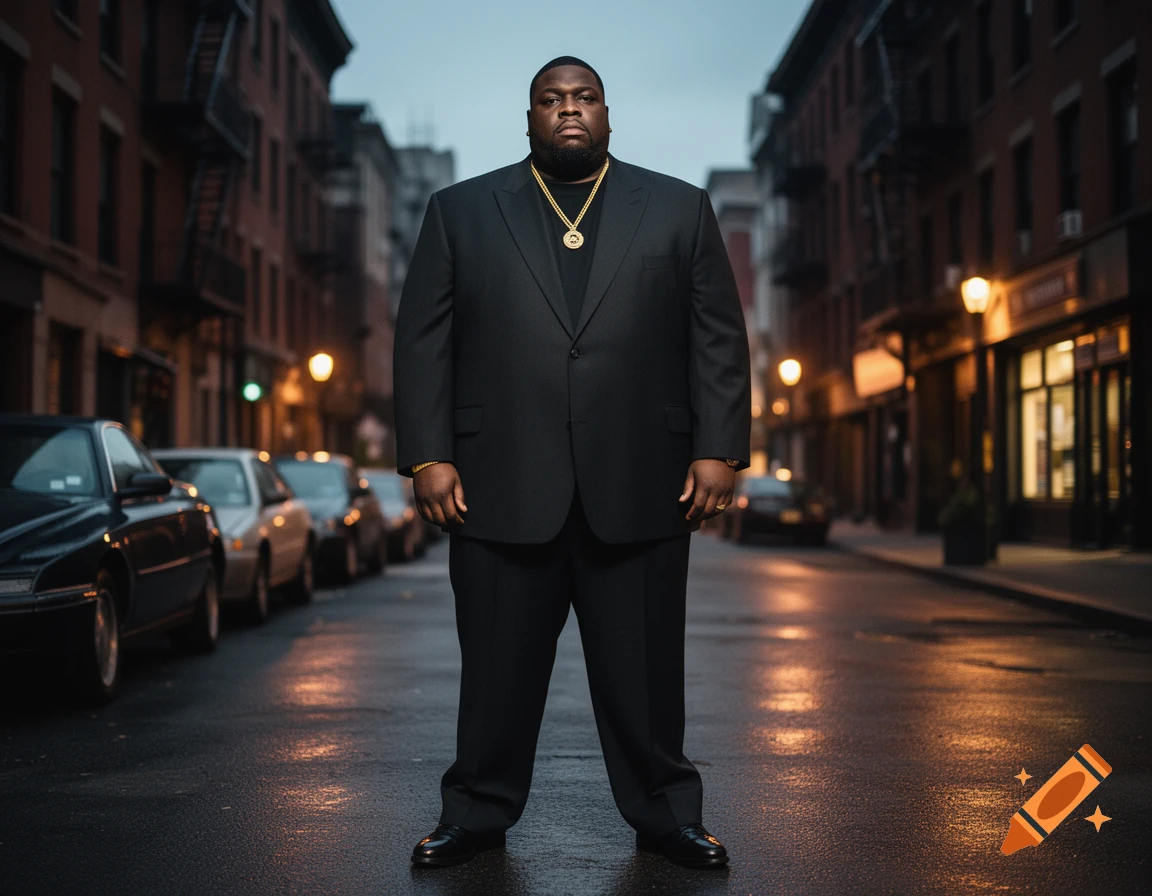 Photorealistic portrait of a man in a black suit standing in the middle of a city street at dusk.