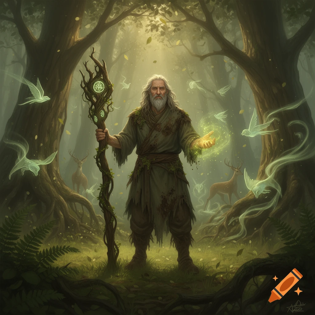 An older male druid with a long beard and staff stands in a mystical forest, surrounded by glowing spirit animals and light.