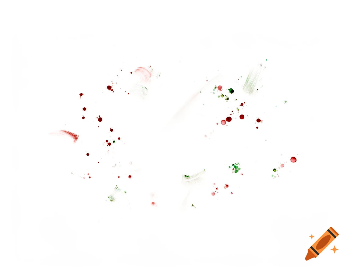 Minimalist watercolor abstract with scattered red and green paint drops and splatters on a white background.