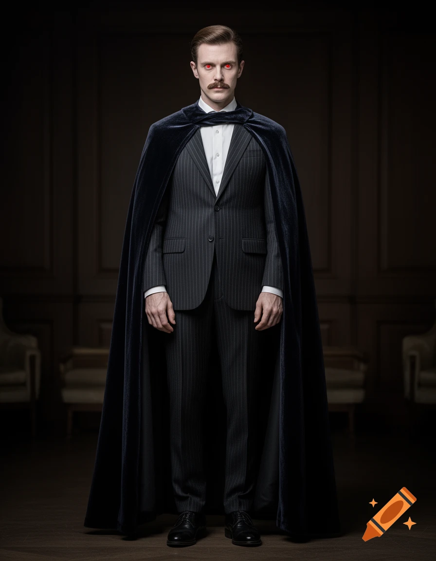 Photorealistic portrait of a pale man with glowing red eyes, a thin mustache, wearing a pinstripe suit and a dark velvet cape.