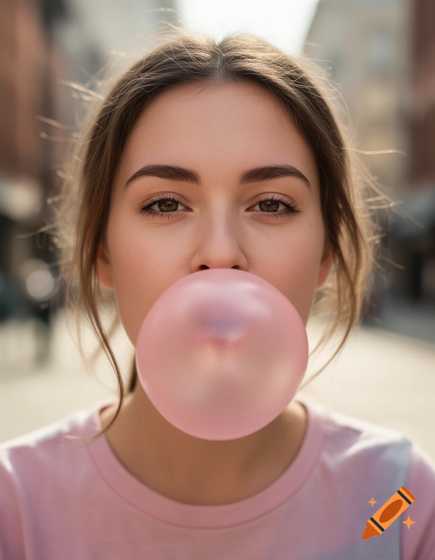 Close-up photorealistic portrait of a young woman blowing a giant pink bubblegum bubble.